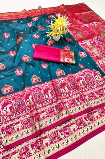 Morpich zari woven silk traditional saree with blouse piece