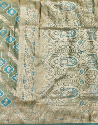 Firozi zari woven satin silk traditional saree with blouse piece 5