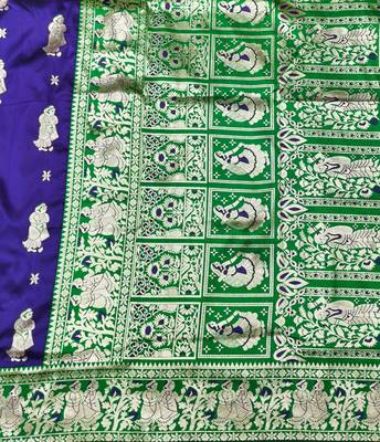 Purple zari woven baluchari silk traditional saree with blouse piece 5