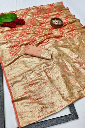 Red zari woven satin silk traditional saree with blouse piece
