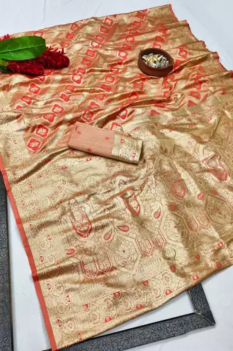 Red zari woven banarasi satin silk traditional saree with blouse piece