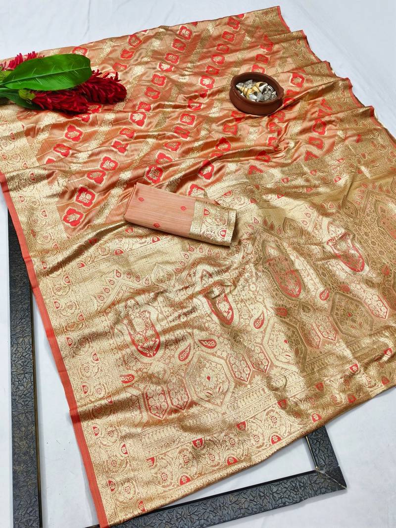 Red zari woven banarasi satin silk traditional saree with blouse piece