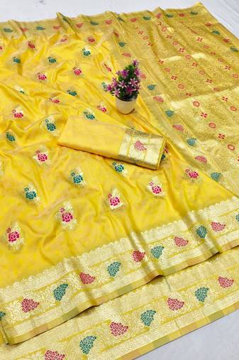 Yellow zari woven silk traditional saree with blouse piece