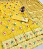 Yellow zari woven banarasi silk traditional saree with blouse piece