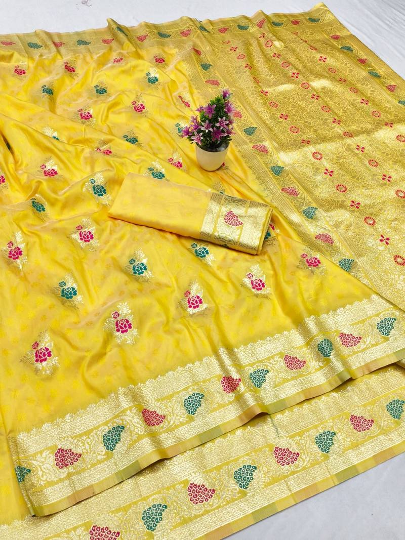 Yellow zari woven banarasi silk traditional saree with blouse piece
