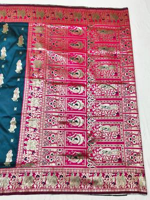 Dark blue zari woven baluchari silk traditional saree with blouse piece 1