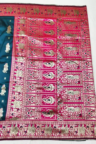 Dark blue zari woven baluchari silk traditional saree with blouse piece