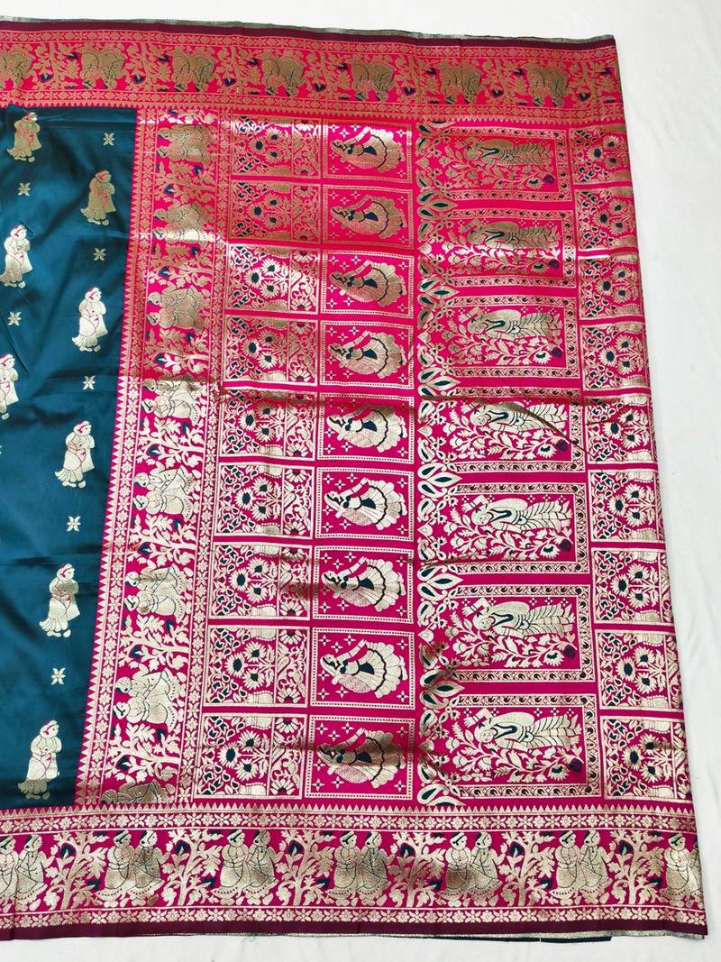 Dark blue zari woven baluchari silk traditional saree with blouse piece