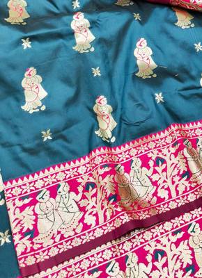 Dark blue zari woven baluchari silk traditional saree with blouse piece 2