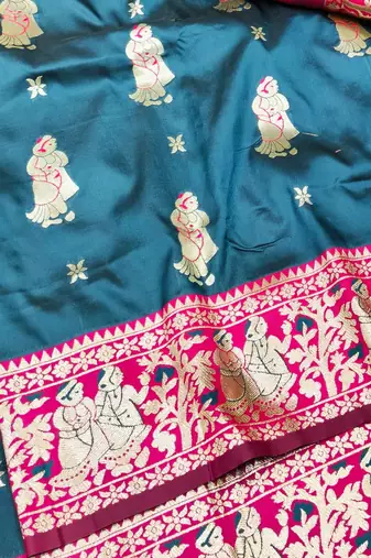 Dark blue zari woven baluchari silk traditional saree with blouse piece