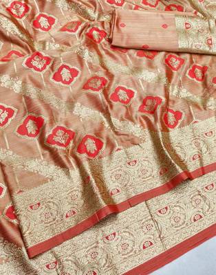 Red zari woven satin silk traditional saree with blouse piece 3