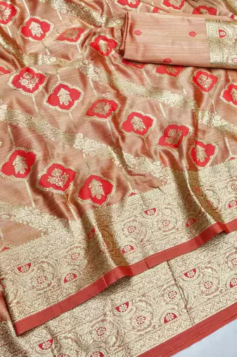 Red zari woven banarasi satin silk traditional saree with blouse piece
