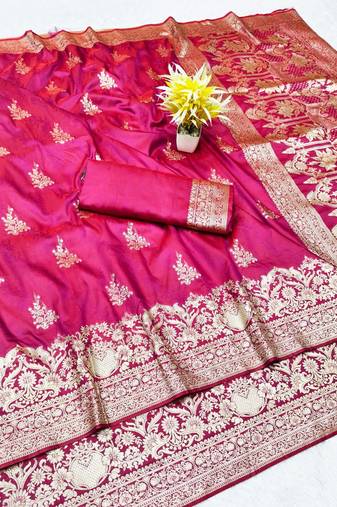 Wine zari woven silk traditional saree with blouse piece