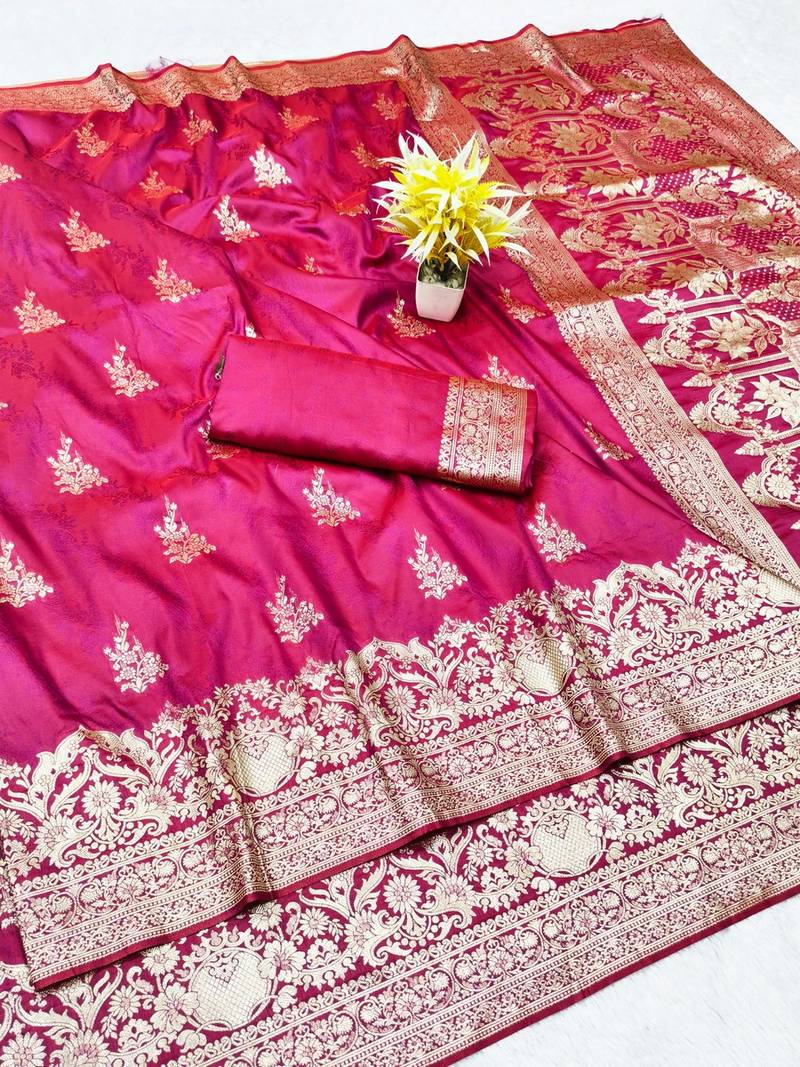 Wine zari woven silk traditional saree with blouse piece