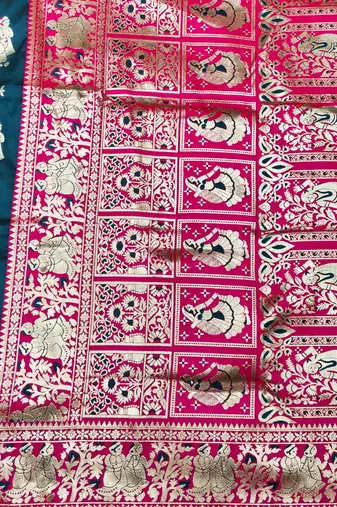 Dark blue zari woven baluchari silk traditional saree with blouse piece