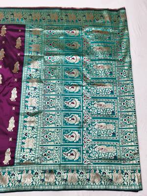Wine zari woven baluchari silk traditional saree with blouse piece 1