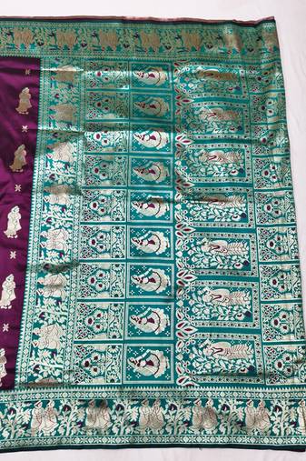 Wine zari woven baluchari silk traditional saree with blouse piece