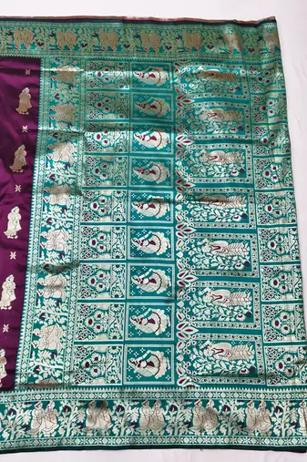 Wine zari woven baluchari silk traditional saree with blouse piece