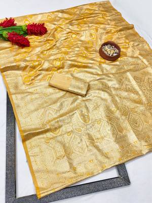 Gold zari woven satin silk traditional saree with blouse piece 1