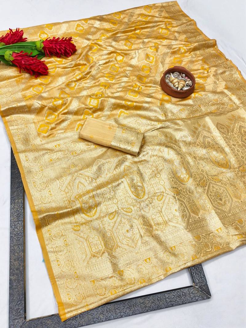 Gold zari woven banarasi satin silk traditional saree with blouse piece