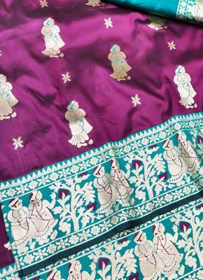 Wine zari woven baluchari silk traditional saree with blouse piece 2