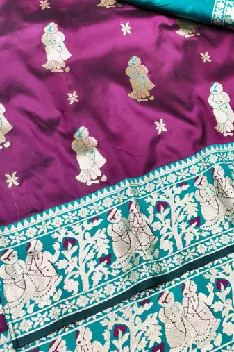 Wine zari woven baluchari silk traditional saree with blouse piece