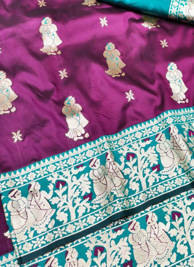 Wine zari woven baluchari silk traditional saree with blouse piece
