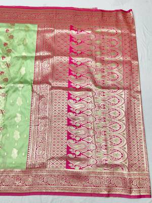 Light green zari woven banarasi silk traditional saree with blouse piece 2
