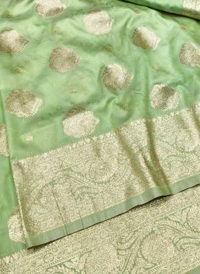 Light green zari woven banarasi silk traditional saree with blouse piece 2