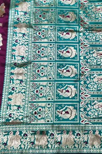 Wine zari woven baluchari silk traditional saree with blouse piece