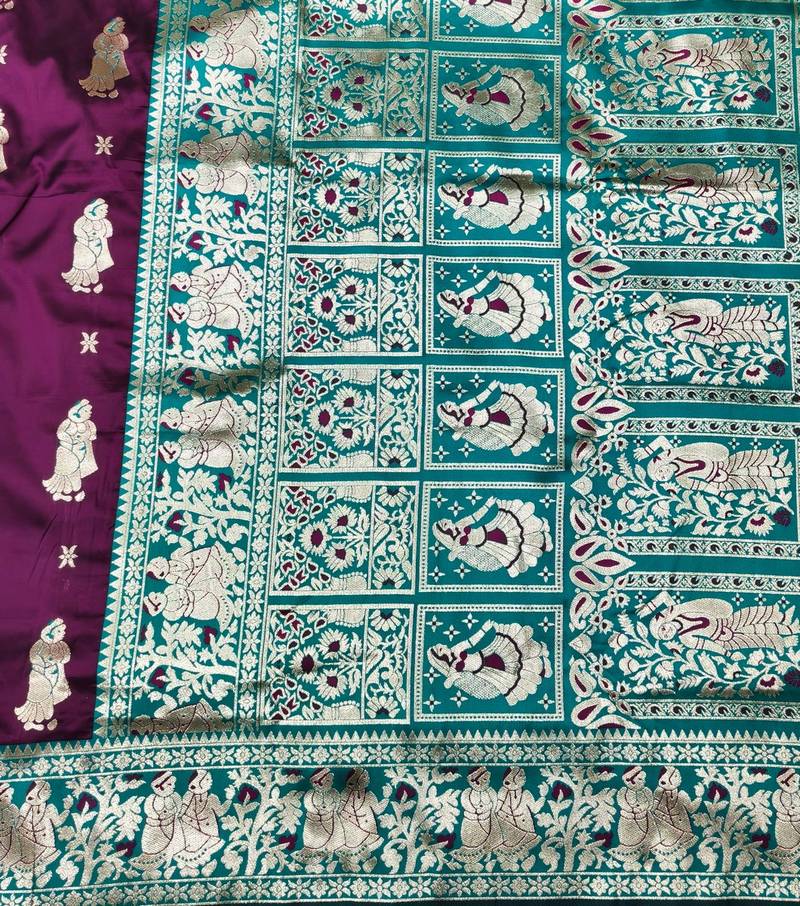 Wine zari woven baluchari silk traditional saree with blouse piece