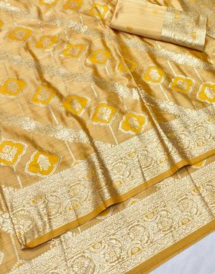Gold zari woven satin silk traditional saree with blouse piece 3