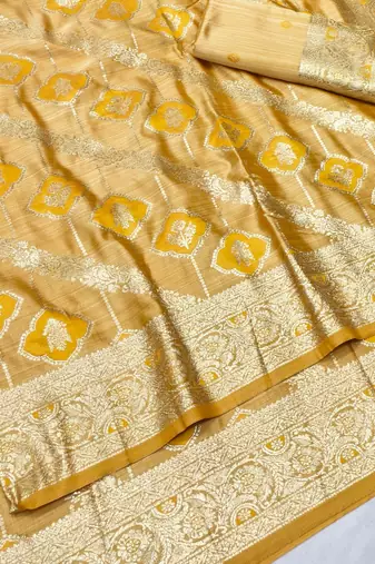 Gold zari woven satin silk traditional saree with blouse piece