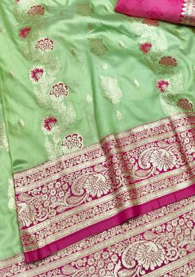 Light green zari woven banarasi silk traditional saree with blouse piece 1