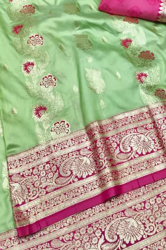 Light green zari woven banarasi silk traditional saree with blouse piece