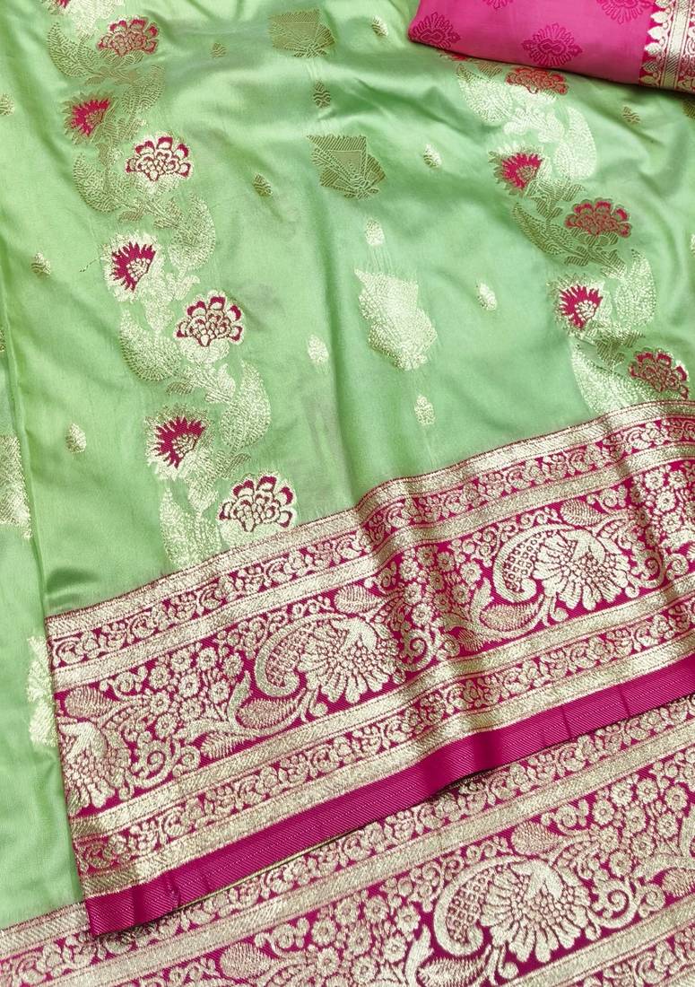 Light green zari woven banarasi silk traditional saree with blouse piece