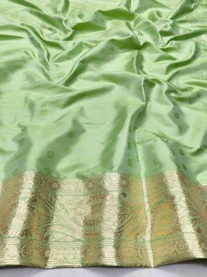 Light green zari woven banarasi silk traditional saree with blouse piece 3