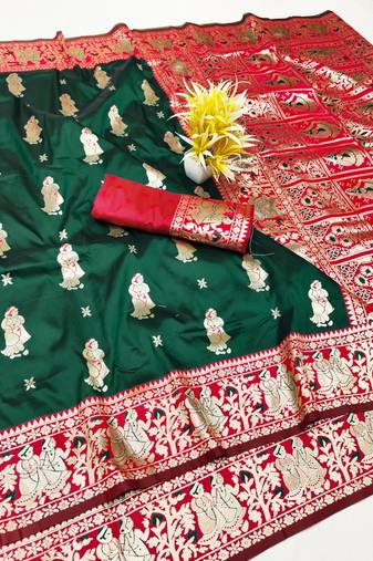 Green zari woven baluchari silk traditional saree with blouse piece