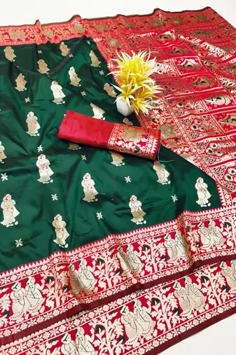 Green zari woven baluchari silk traditional saree with blouse piece