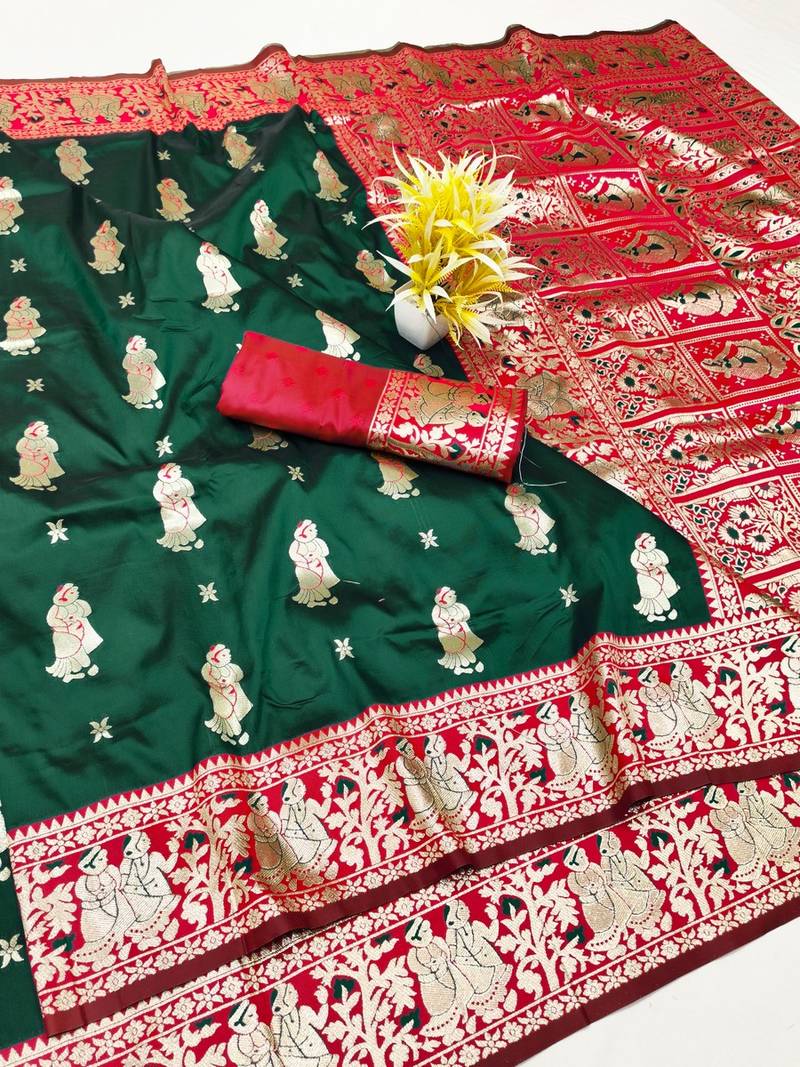 Green zari woven baluchari silk traditional saree with blouse piece