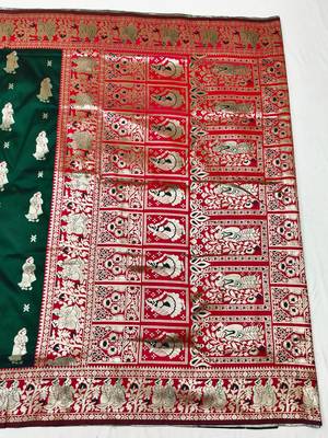 Green zari woven baluchari silk traditional saree with blouse piece 2