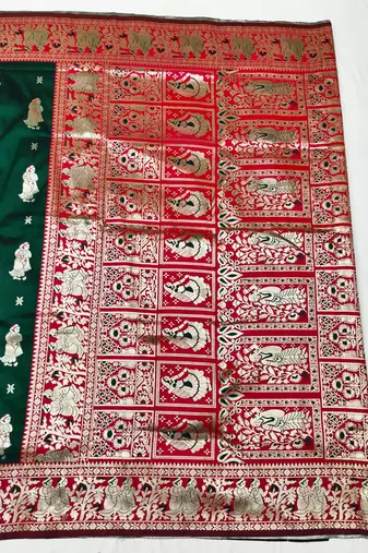 Green zari woven baluchari silk traditional saree with blouse piece