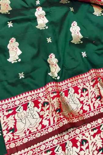 Green zari woven baluchari silk traditional saree with blouse piece