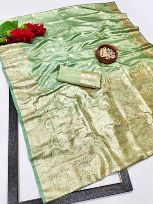 Green zari woven satin silk traditional saree with blouse piece 1