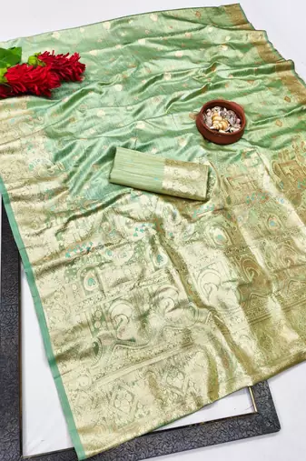 Green zari woven satin silk traditional saree with blouse piece