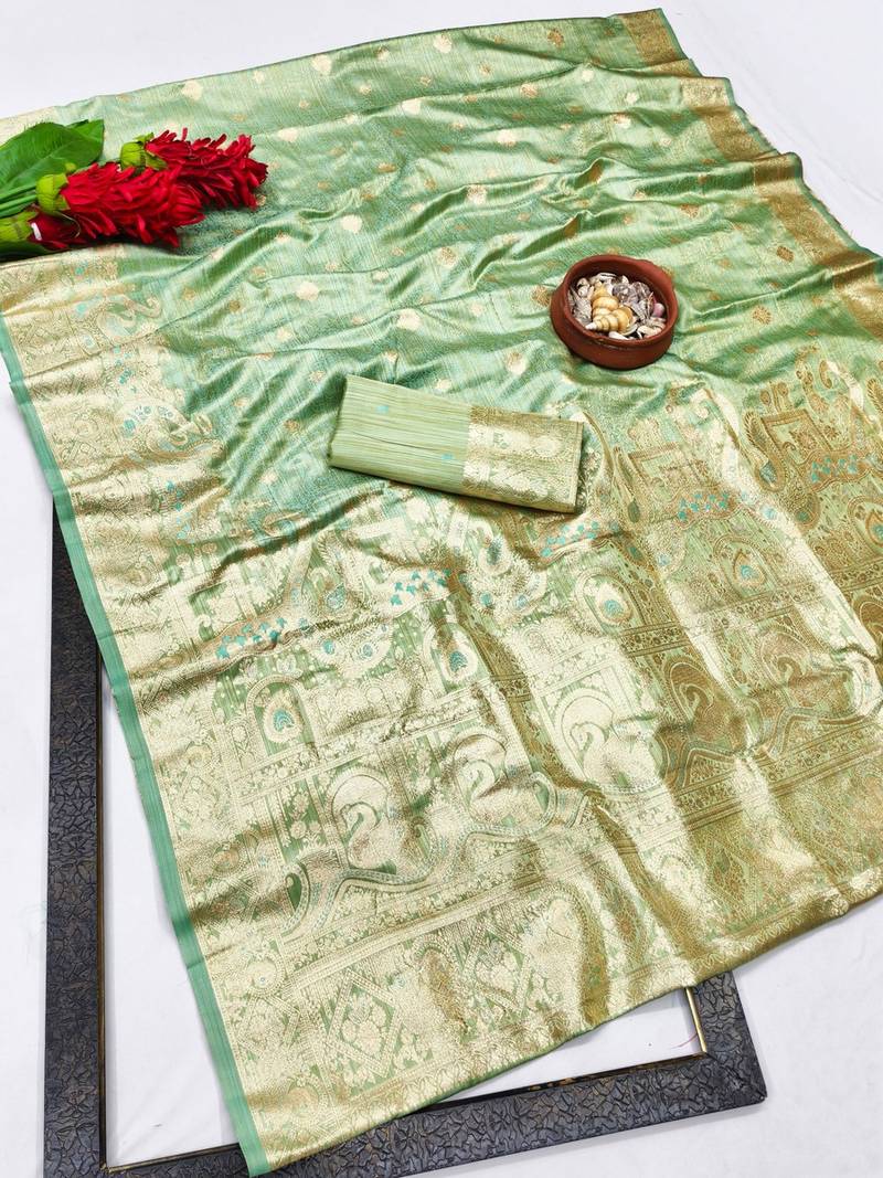 Green zari woven banarasi satin silk traditional saree with blouse piece