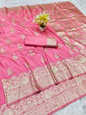Pink zari woven silk traditional saree with blouse piece 1