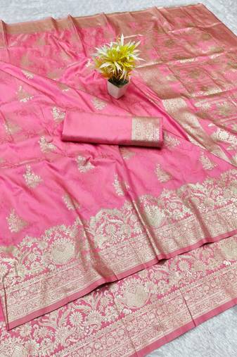Pink zari woven silk traditional saree with blouse piece