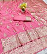 Pink zari woven silk traditional saree with blouse piece