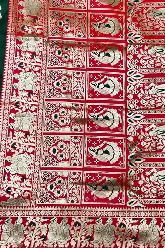 Green zari woven baluchari silk traditional saree with blouse piece